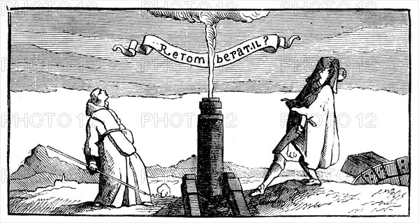 Marin Mersenne performing an experiment to prove the rotation of the earth: ball fired from vertical cannon did not fall back down the barrel