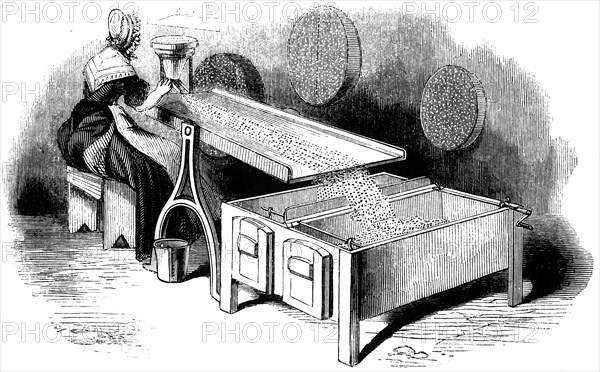 The sorting of lead shots being sifted shot is allowed to roll down an inclined plane