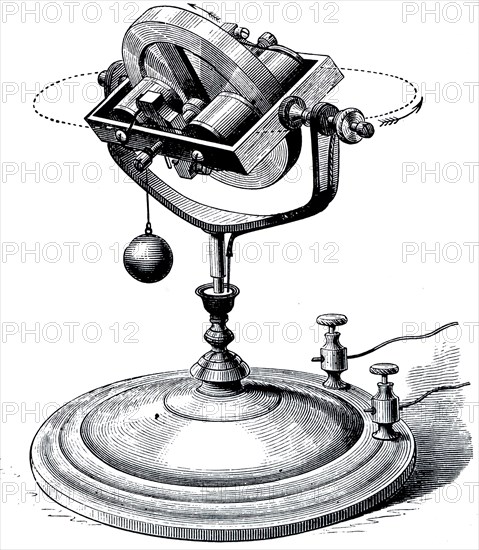 An electric gyroscope, a device consisting of a wheel or disc mounted so that it can spin rapidly about an axis which is itself free to alter in direction