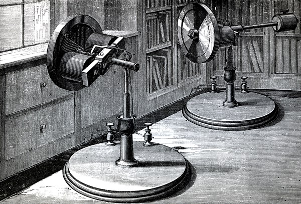 An electric gyroscope, a device consisting of a wheel or disc mounted so that it can spin rapidly about an axis which is itself free to alter in direction