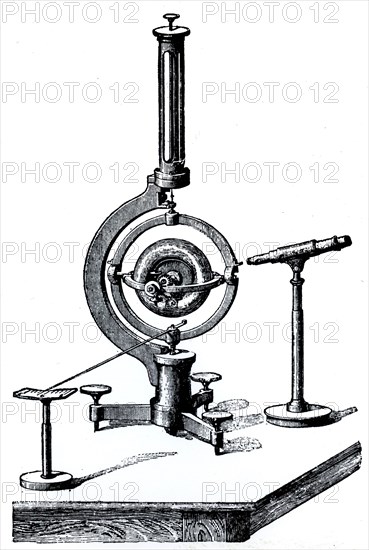 A gyroscope, a device consisting of a wheel or disc mounted so that it can spin rapidly about an axis which is itself free to alter in direction