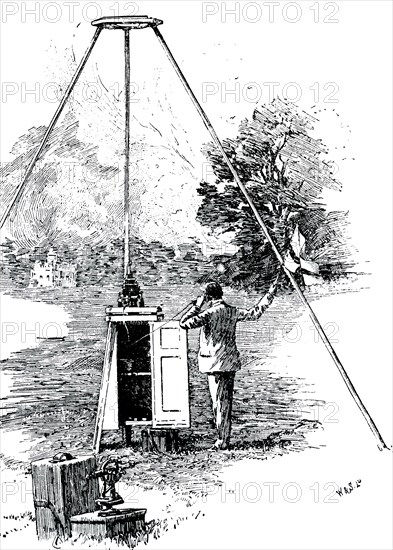 A man, at Kew Observatory, taking a photographic record of cloud formations