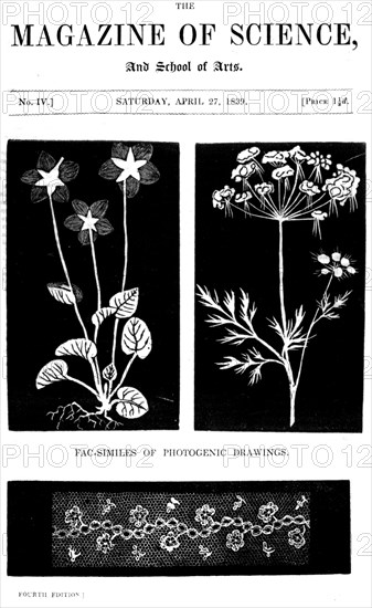 The title page of the Magazine of Science, showing facsimiles of pictures taken by Fox-Talbot's 'photogenic drawing' process