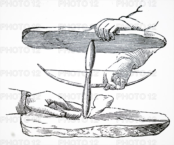 A bow drill, a prehistoric form of drilling tool, which was used to produce fire