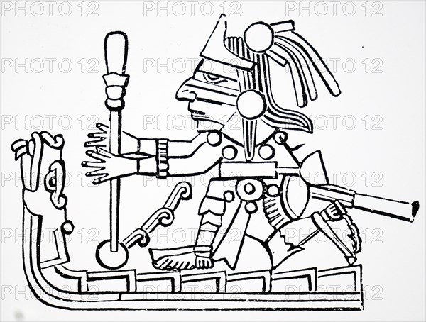 Xiuhtecuhtli using a bow drill, a prehistoric form of drilling tool, which was used to produce fire