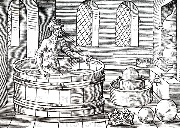 Archimedes, an Ancient Greek mathematician, physicist, engineer, inventor, and astronomer, sitting in his bath