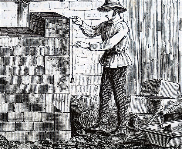 A builder using a plumb line to keep a walk vertical