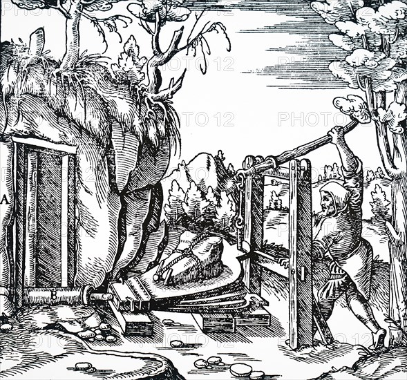 Engraving depicting the use of a lever to work bellows ventilating a mine