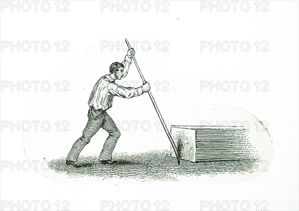 Early nineteenth century illustration of a man using a lever to lift a weight