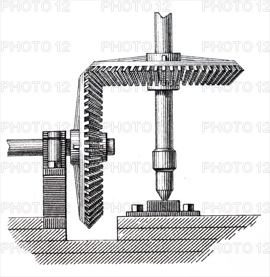 Illustration of an nineteenth century cog and gear mechanism