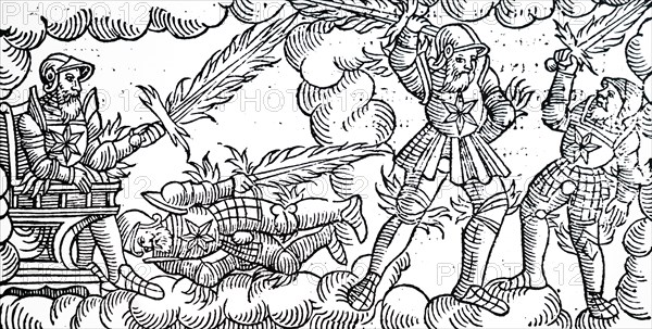 An ancient meteor shower shown as knights fighting in the sky with flaming swords