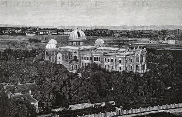 The exterior of the Royal Observatory, Greenwich, an observatory situated on a hill in Greenwich Park, overlooking the River Thames