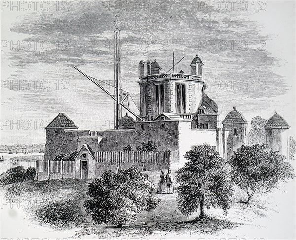 The exterior of the Royal Observatory, Greenwich, an observatory situated on a hill in Greenwich Park, overlooking the River Thames