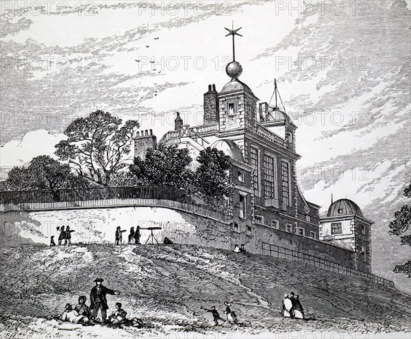 The exterior of the Royal Observatory, Greenwich, an observatory situated on a hill in Greenwich Park, overlooking the River Thames