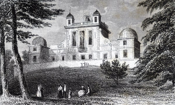 The exterior of the Royal Observatory, Greenwich, an observatory situated on a hill in Greenwich Park, overlooking the River Thames