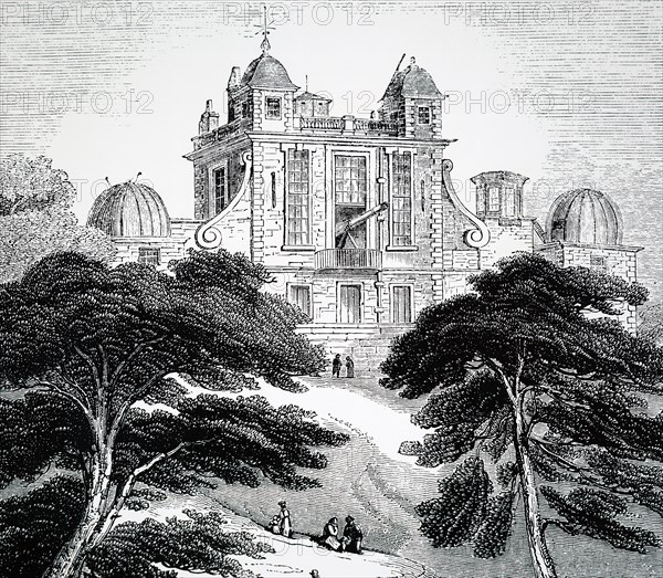 The exterior of the Royal Observatory, Greenwich, an observatory situated on a hill in Greenwich Park, overlooking the River Thames