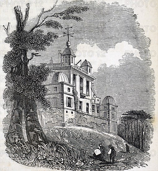 The exterior of the Royal Observatory, Greenwich, an observatory situated on a hill in Greenwich Park, overlooking the River Thames