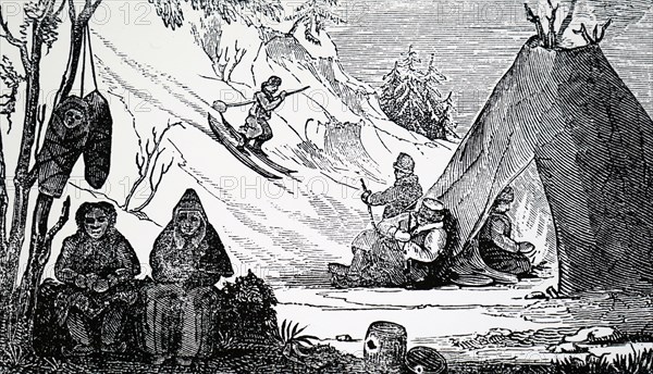 A Lapland encampment with a man approaching in on skis