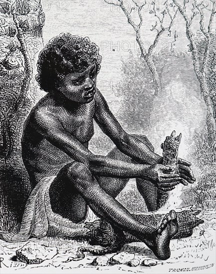 Engraving of a native Australian producing fire