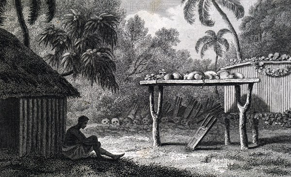 Illustration of a native from Oceania with sacrificial altar and skulls