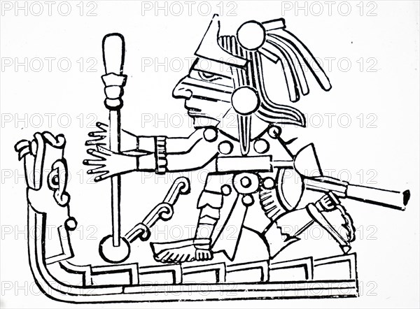 Xiuhtecuhtli using a bow drill, a prehistoric form of drilling tool, which was used to produce fire