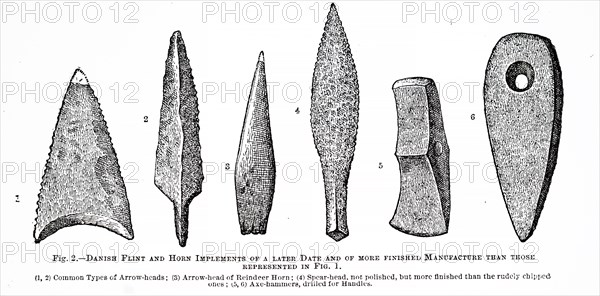 Early Stone Age flint and horn implements recovered from shell spoil mounds around the shores of Denmark