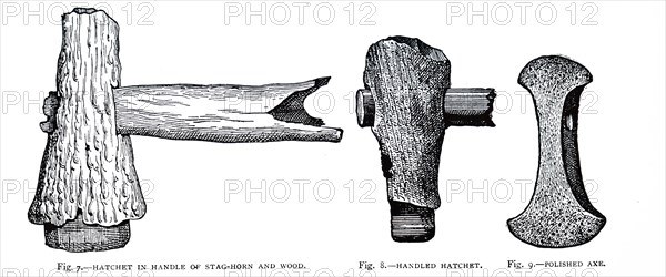 Neolithic Implements including hatchet with a stag horn and wood handle