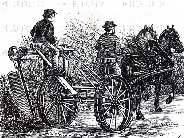 A horse-drawn hedge cutting machine