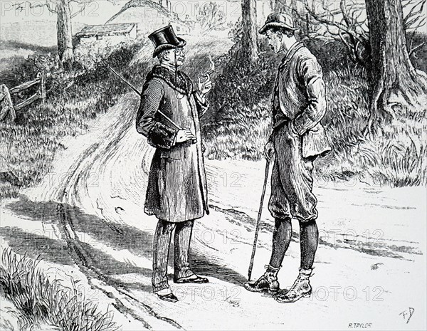 Town and country gentlemen chatting in a hedge-lined country lane