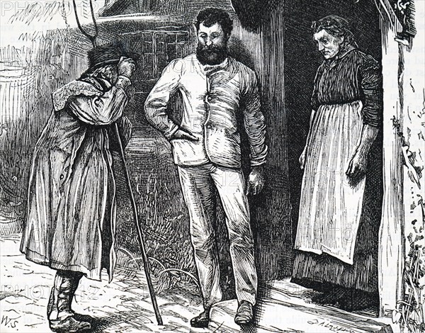 A farm labourer carrying a pitchfork whilst speaking to some of the townsfolk