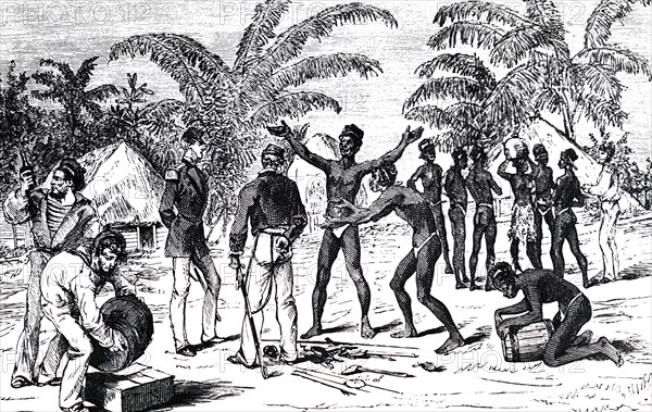 Officers from HMS Challenger bartering with the Natives of the Admiralty Islands