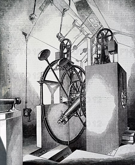 A transit instrument, used for finding celestial bodies crossing the meridian, within an observatory