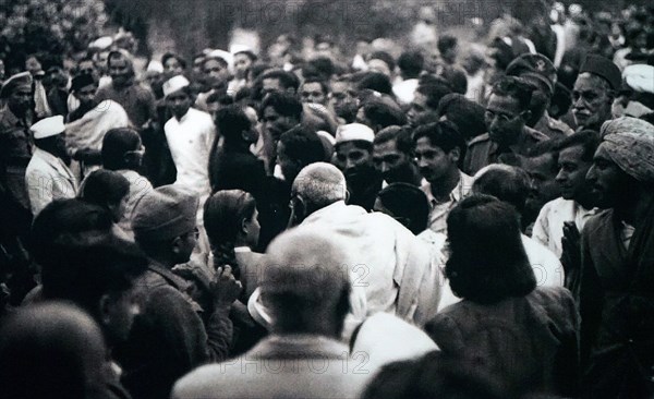 Mohandas Karamchand Gandhi 1869 – 1948) at his last public gathering; Gandhi was the preeminent leader of the Indian independence movement in British-ruled India