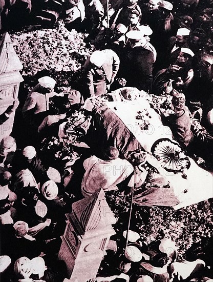 Mohandas Karamchand Gandhi 1869 – 1948) at his cremation following his assassination in 1948