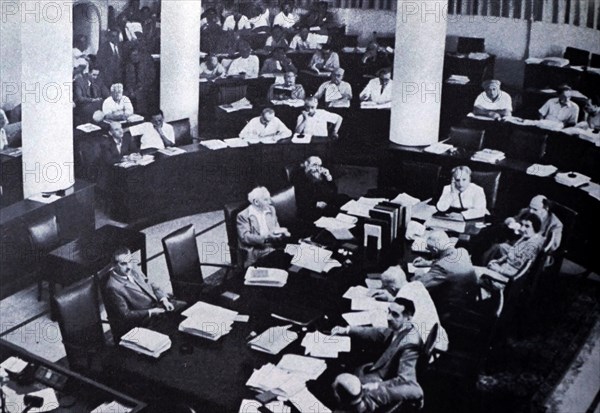 Photograph of Prime Minister David Ben-Gurion meeting with Golda Meir at The Knesset in Israel