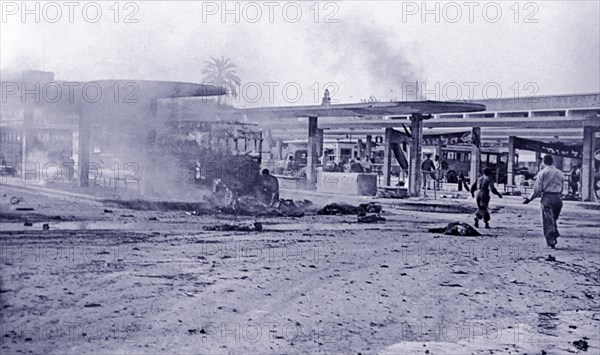 Photograph of a central bus station in Tel Aviv after a bombing by Egyptian forces during the War of Independence 1948