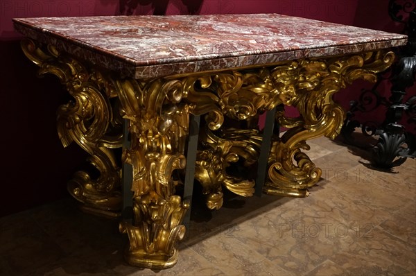 Italian marble topped table with gilded poplar and pine