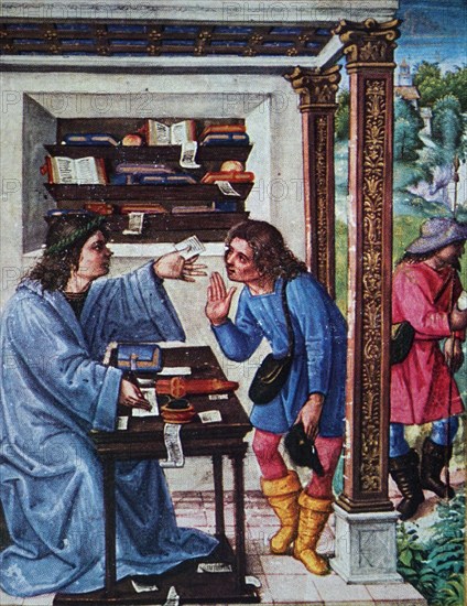 Illuminated manuscript depicting a scene at the Library of the Gerolamini, Naples