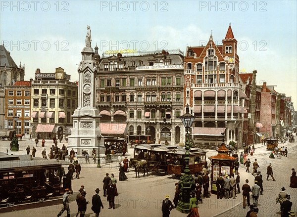 Early colour photochrom view of Dam Square in Amsterdam, Netherlands 1900