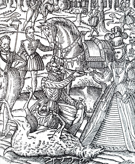 Queen Elizabeth I on the hunting field to perform the ceremony of assaying the stag and is handed the knife by the huntsman