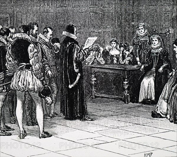 Engraving depicting Mary, Queen of Scots receiving her sentence
