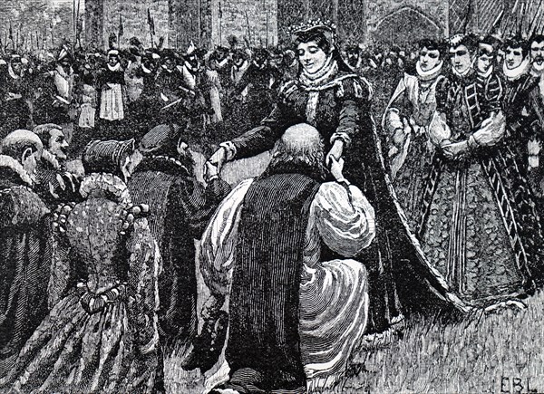 Engraving depicting Mary, Queen of Scots being greeted by state prisoners in the Tower of London