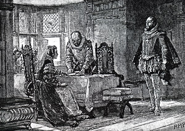 Engraving depicting Mary, Queen of Scots signing her deed of abdication in Lochleven Castle