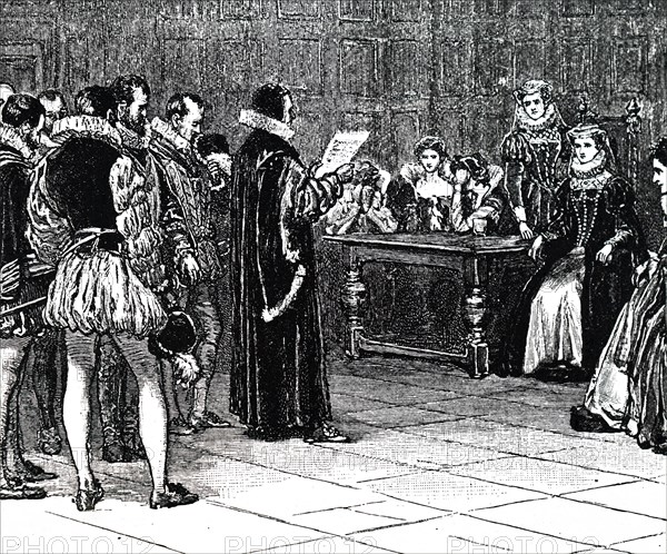 Engraving depicting Mary, Queen of Scots receiving her sentence