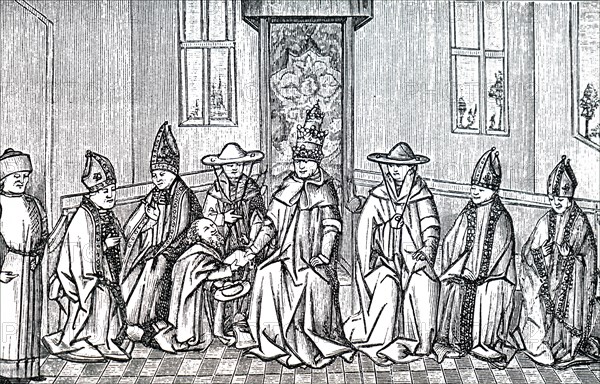 Peter the Hermit presenting Pope Urban II with a petition from Simeon Patriarch of Jerusalem, on his return from a pilgrimaged to the Holy Land in1094