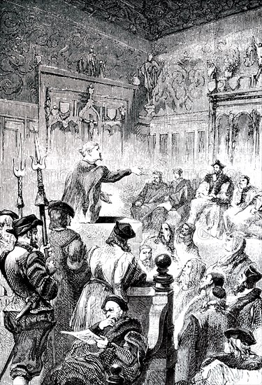 Paracelsus pleading his case before the magistrates in Basle during his action against Canon Lichtenfels