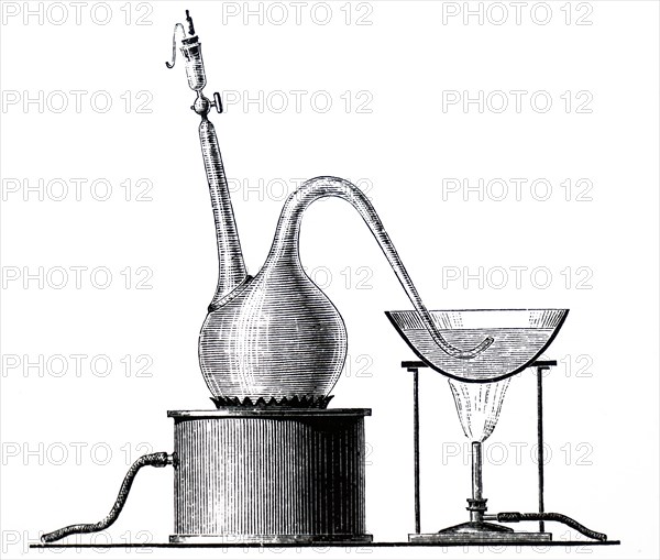 Engraving depicting an Louis Pasteur experiment demonstrating that fermentation and putrefaction are caused by air-borne organisms