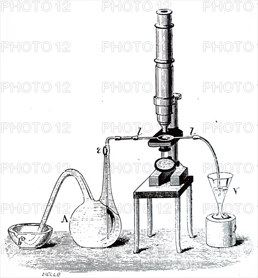Engraving depicting Louis Pasteur's first apparatus for cooling and fermenting wort during his work on beer