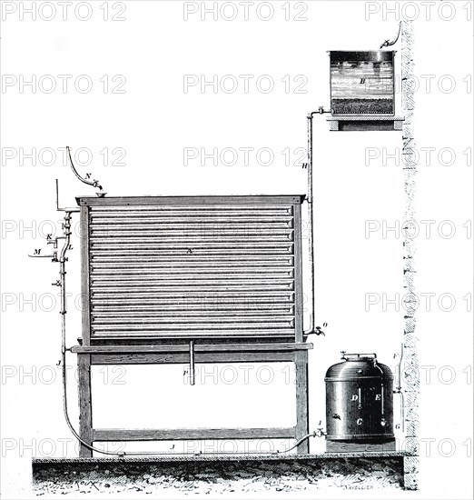 Engraving depicting Louis Pasteur's first apparatus for cooling and fermenting wort during his work on beer