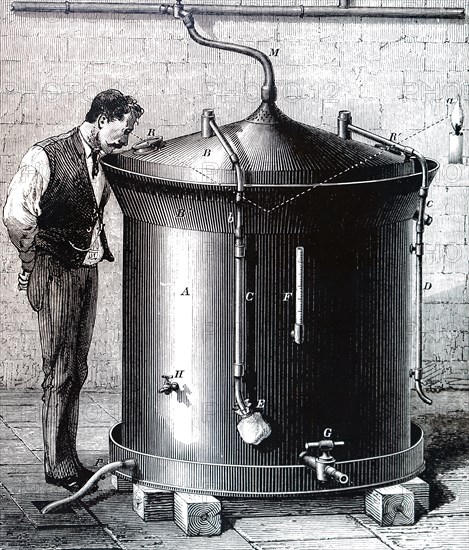 Engraving depicting Louis Pasteur's first apparatus for cooling and fermenting wort during his work on beer